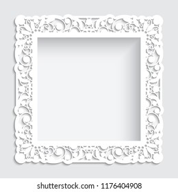 Square photo frame with cutout paper swirls, vector border ornament, template for laser cutting, vintage lace decoration for greeting card or wedding invitation design