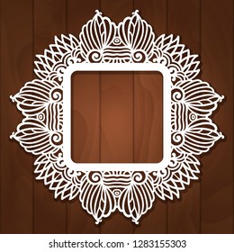 Square photo frame with cutout paper swirls, vector border ornament, template for laser cutting, vintage lace decoration for greeting card or wedding invitation design. Filigree doily photo frame