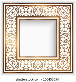 Square photo frame with gold border pattern, ornamental golden decoration for greeting card or packaging design, line art vector illustration