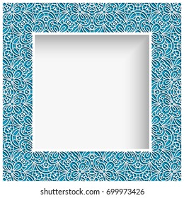 Square photo frame with lace border pattern, swirly vector ornament suitable for laser cutting or cutout paperwork, vintage decoration for greeting card or wedding invitation, eps10