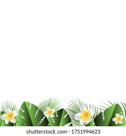 Square photo frame on a white background with tropical leaves and flowers.
