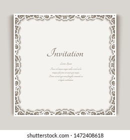 Square photo frame with ornamental lace border, vector cut out paper decoration. elegant wedding invitation or table place card design. template for laser cutting.