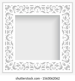 Square photo frame with ornate border pattern, cutout paper swirls ornament, elegant template for laser cutting, vector lace decoration for wedding invitation card design with place for text