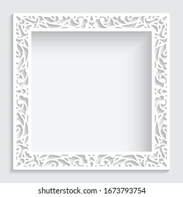 Square photo frame with ornate border pattern, cutout paper swirls ornament, elegant template for laser cutting, vector lace decoration for wedding invitation card design with place for text