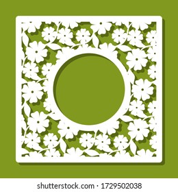Square photo frame with a pattern of flowers and leaves. White object on a green background. Template for laser cutting, metal engraving, wood carving, plywood, cardboard, paper cut, printing. Vector.