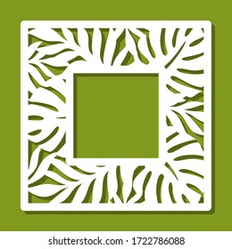 Square photo frame with a pattern of tropical leaves. White object on a green background. Template for laser cutting, metal engraving, wood carving, plywood, cardboard, paper cut. Vector illustration.