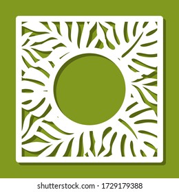 Square photo frame with a pattern of tropical leaves. White object on a green background. Template for laser cutting, metal engraving, wood carving, plywood, cardboard, paper cut. Vector illustration.