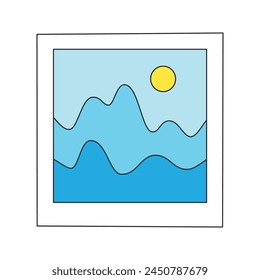 Square photo frame photograph, mountains and sun landscape snapshot vector illustration.
