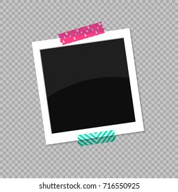 Square photo frame. Photo stuck on colored scotch tape. Vector illustration EPS 10.