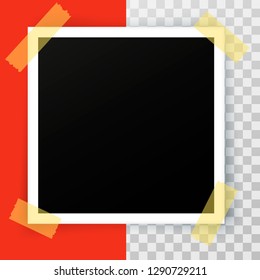 Square photo frame template on sticky tape with shadows.  isolated on transparent background.  Vector illustration.