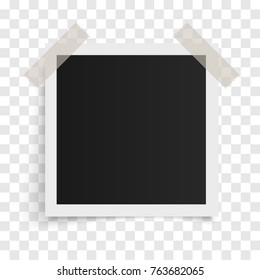 Square photo frame template with shadows on sticky tape on a transparent background. Vector illustration.