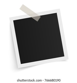 Square photo frame template with shadows on sticky tape on white background. Vector illustration.