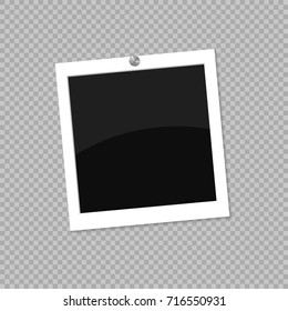 Square photo frame. Template with white surround frame. The card is attached to the button. Vector illustration EPS 10.