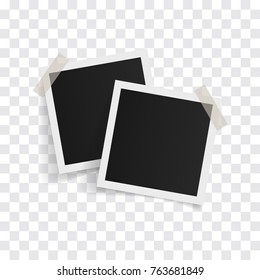 Square photo frames on sticky tape on a transparent background. Vector illustration.