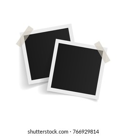 Square photo frames on sticky tape on white background. Vector illustration.