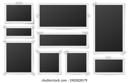 Marcos de fotos cuadrados. Marco de fotos, plantilla de fotografía de marco. Imagen digital en blanco realista en piezas de cinta, tarjetas aisladas conjunto de vector reciente
