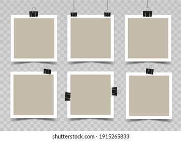 Square photo frames with white border attached on paper clips. Beige photo cards with shadows on transparent background. Mockup. Set of six blanks. Vector 3d realistic template. EPS10.