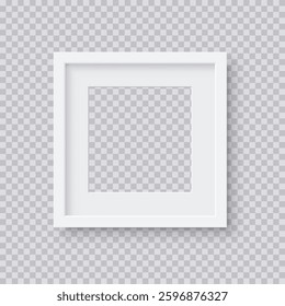 Square picture frame with minimalist design. White photo frame isolated on transparent background. Empty mockup. 3d realistic template vector illustration.