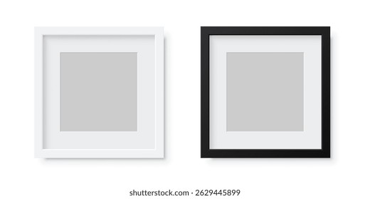 Square picture frames with minimalist design. White and black photo frames isolated on transparent background. Empty mockups. 3d realistic template vector illustrations set.