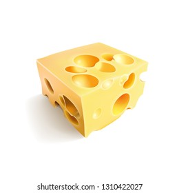 Square piece of cheese with large holes. Illustration of an isolated food product.