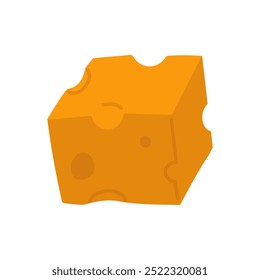 A square piece of flat yellow cheese with holes stands sideways. Vector illustration of a porous cube of a dairy product in a flat style. An isolated product on a white background. Flat style