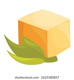 Square piece of hard cheese lying on green leaves, dairy product cartoon vector illustration isolated on white background