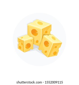 Square pieces of cheese in vector. Cartoon illustration of healthy dairy products. Icon of cheese isolated on a white background. Flat yellow milk food symbol for web site design, mobile app. Diet