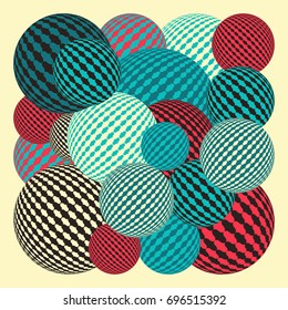 a square of piled balloons in red and blue shades