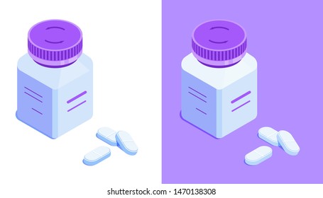 Square Pill Bottle And Pills. White Drug Jar With Closed Lid. Isometric Vector Icon. Isolated On White And Violet Background