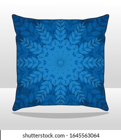 Square Pillow Design With Blue Leaves Graphic Line, Sublimation Printed Vector