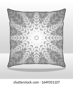 Square Pillow Design With Gray Leaves Graphic Line, Sublimation Printed Vector.