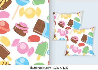 Square pillow mockup with candy, donuts sweet ice cream and other elements pattern.