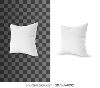 Square pillow realistic vector object. Bedroom sleeping pillow or sofa white cushion pillow with feather, down or synthetic fill and textile, silk pillowcase 3d vector mockup