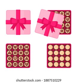 Square Pink Box Of Chocolates For Valentine's Day. Vector Flat Design Isolated On White Background.