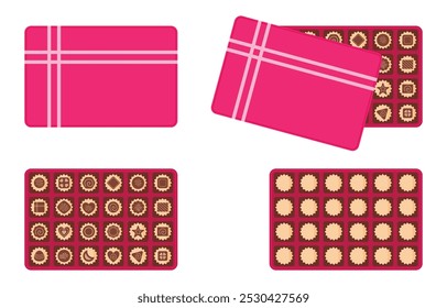 Caja rosa cuadrada de chocolates para el día de San Valentín y más festival. Caja de chocolate de diseño plano de Vector. Conjunto de chocolates en una caja y varios otros dulces. Abra y cierre la caja de chocolate aislada.