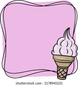 Square pink copy space frame , popsicle in a waffle cup Vector illustration, cartoon style