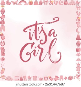 Square pink frame with baby elements for baby shower or announcement card with text It's a girl in soft pastel style