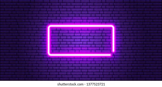 Square pink neon light frame. Realistic neon rectangle on brick wall. Vector illustration.