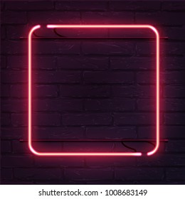 Square pink neon sign. Vector realistic neon rectangle on brick wall.