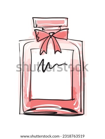Square pink perfume bottle with a small bow. Vector hand drawing illustration, line fashion sketch, cologne, eau de toilette, women s cosmetics. Modern clip art, vintage accessories.