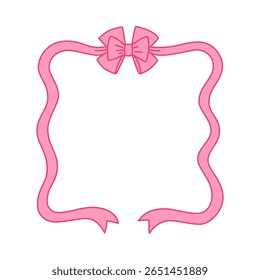 Square pink ribbon frame with bow, vector flat illustration. Vintage simple style. For birthday, wedding, parties. Isolated background. Flat icon. Blank template.
