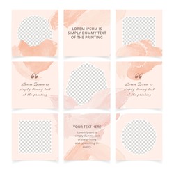 Square Pink Social Media Posts Templates Set With Place For Photo. Abstract Backgrounds In Minimal Style With Pastel Pink Brush Strokes For Mobile Apps, Sale Web Banners