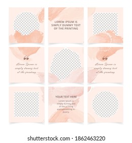 Square pink social media posts templates set with place for photo. Abstract backgrounds in minimal style with pastel pink brush strokes for mobile apps, sale web banners