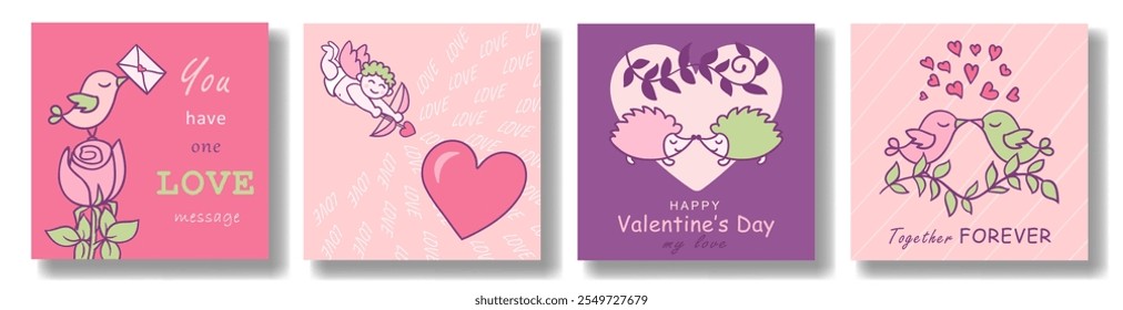 Quadratisches rosa Valentinstag-Kartenset mit lustigen Vögeln mit Brief im Schnabel, Jagd Cupid, Herzen und Paar Igel. Liebestext, Doodle-Zeichnung. Valentinstag-Grußkarte, moderne Vektorgrafik.