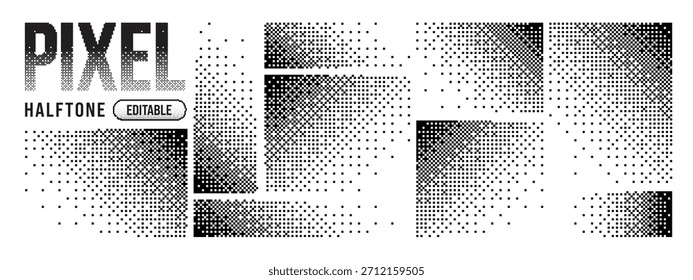 Quadratisches Pixel verblassen mit Muster-Dither-Hintergrund und Punkt-Effekt-Linie. Vektorrechteck-Illustration mit einfachem Backstein-Techno und Symbol für geometrische Transformation. Explosionsfragmentquadrat.