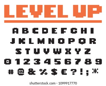 Square pixel game font perefect for headlines, titles and posters. Vector isolated symbol set.