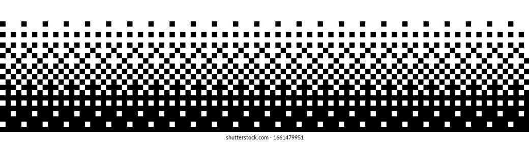 Square Pixel Halftone. Linearer Farbverlauf schwarz-weiß. Hintergrund der Vektorillustration. Dithering-Effekt. Abstrakter Pixel-Farbverlauf-Mosaikhintergrund für modernes Design. 8/16-Bit-Hintergrund.