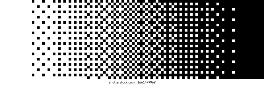 Square Pixel Halftone. Black and white linear gradient. Vector Backdrop. Dithering effect. Pixel gradient abstract mosaic background for modern design. 8/16 bit background.