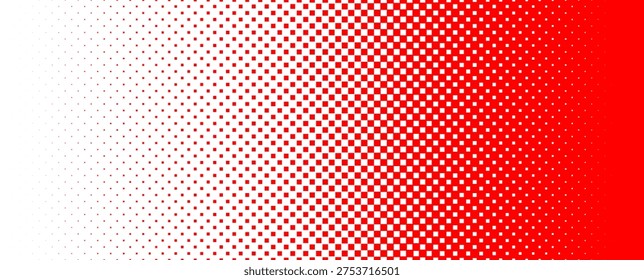 Square pixel halftone gradient texture. Fading checkered gradation wallpaper. Abstract vanishing comic pop art backdrop. Red and white squared dot background. Vector repeated raster effect overlay