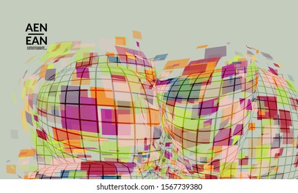 Square pixel mosaic distorted shape. Transparent overlapping squatters create dynamic movement effect. Abstract air balloon vector background.